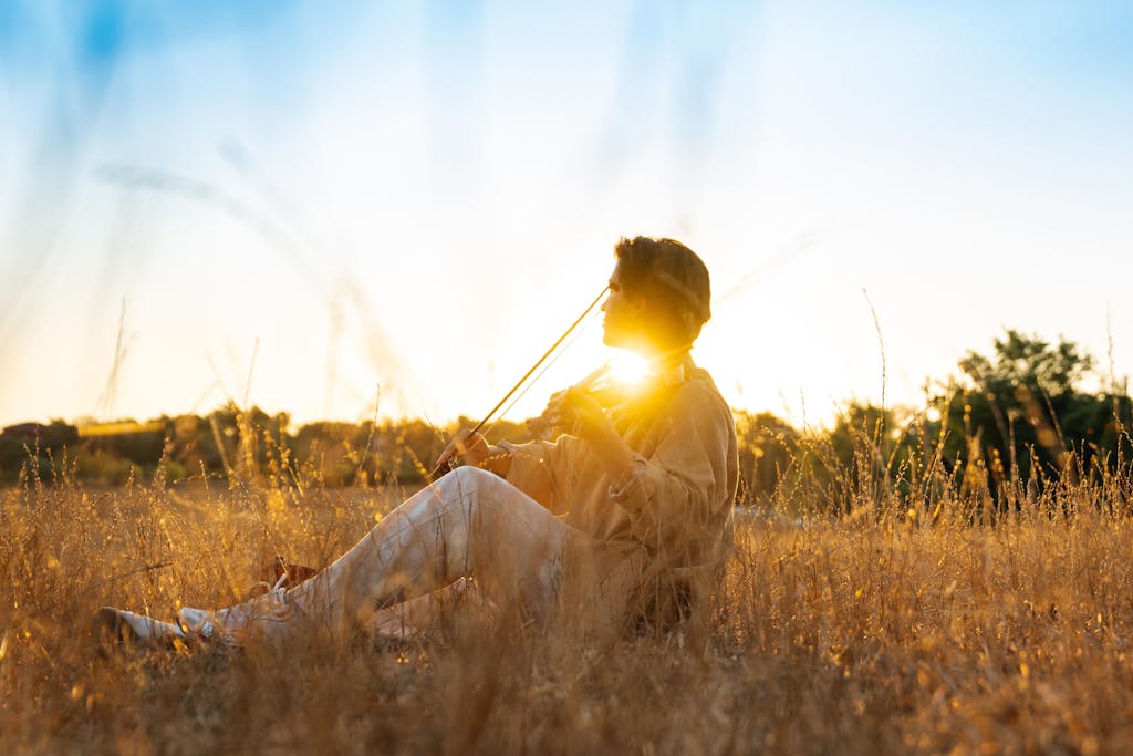 A person plays violin in a sunlit field during sunset, creating a peaceful ambiance.