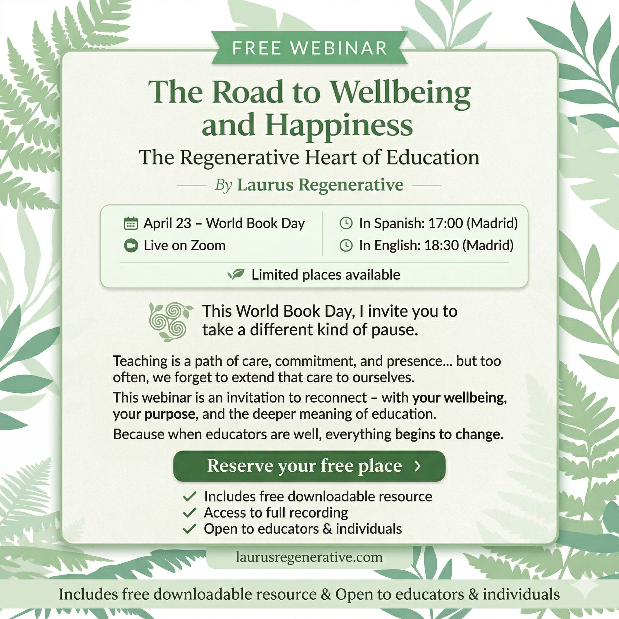 Free Webinar 23/04 – World Book Day The Road to Wellbeing and Happiness; The Regenerative Heart of Education